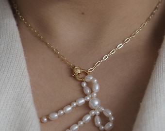 Bow Pearl Necklace with 14k Tarnish Free Chain, Freshwater Pearl Bow Necklace, Large Lobster Chain Necklace, Statement Pearl Necklace, Charm