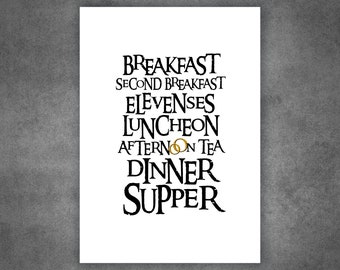 Hobbit Daily Meal Plan, Typographic Wall Art, The Hobbit, Hobbit Menu, JRR Tolkien Lord of the Rings, unframed Art Print