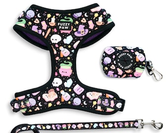 Walking Essentials Harness Bundle for little dogs- BeWitch, Cute witch dog harness, Halloween dog harness with Poop bag holder and leash