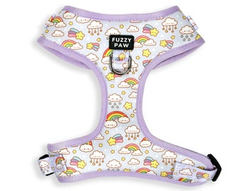 Cute Kawaii Rainbows and Clouds Adjustable Dog Harness, Pastel Purple Harness, Dreamy Lavender Harness for cats and XS to large dogs