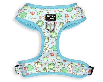 Cute Kawaii Frogs & Mushrooms Dog Harness - Froggy Toads Adjustable Pet Harness in Blue