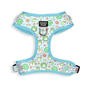 Lindo arnés para perros con ranas y hongos kawaii: arnés ajustable para mascotas Froggy Toads en azul