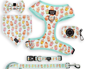 Deluxe Bundle - Boba Dog Harness Bundle Set with Leash, Collar, Bandana, Bow tie, & Poop Bag - Kawaii Bubble Tea Collar Set
