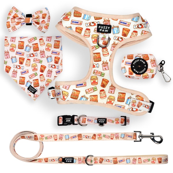 Deluxe Bundle - Asian Snacks Dog Harness Bundle Set with Leash, Collar, Bandana, Bow tie, & Poop Bag