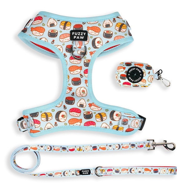 Basic Bundle - Cute Sushi Dog Harness Bundle with Leash & Poop Bag - Blue Kawaii Sushi Harness for Dogs and Cats