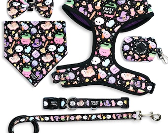 Deluxe Bundle -  Harness Bundle for small dogs - Cute witch dog harness, witchy harness Halloween dog harness with Poop bag holder and leash