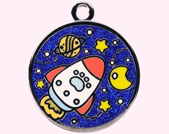 Custom Engraved Rocket Ship and Stars Dog Tag with Glitter, Cute Galaxy Space Pet Tag