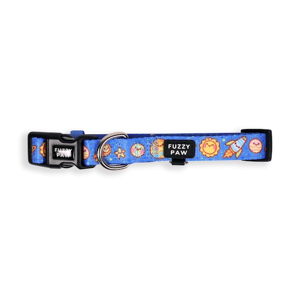 Cute Space Dog Collar in Blue - Kawaii Galaxy Dog Collar - Planets, Stars, Rocket Ship Collar
