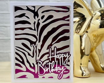 Zebra Print Happy Birthday Card | Silver & Purple