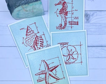 Ocean Blue Nautical Note Card | Blueprint Seaside Stationery | Under the Sea Greeting Cards