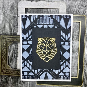 African Safari Animals Greeting Card | Gold and White Geometric Lion, Giraffe, Elephant Note Card | Custom Stationery