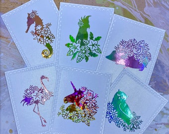 Rainbow Foil Animal Greeting Cards | Tropical Flower Silhouettes