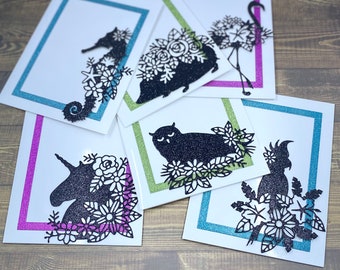 Colorful Framed Note Cards | Glitter Animal Silhouettes Stationery | Unique Greeting Cards For You