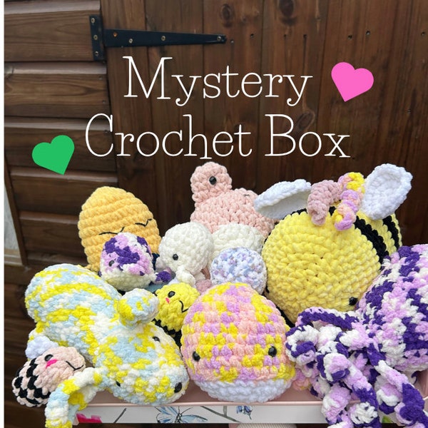 crochet mystery box, crochet plushies, mystery plushies, handmade crochet, surprise crochet items, crochet bee, crochet turtle