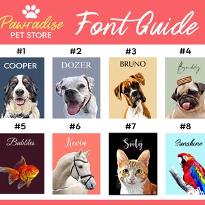 May include: A pet store font guide featuring portraits of various animals. The guide includes images of a dog named Cooper, a dog named Dozer, a dog named Bruno, a dog named Buddy, a goldfish named Bubbles, a horse named Kevin, a cat named Sooty, and a parrot named Sunshine.