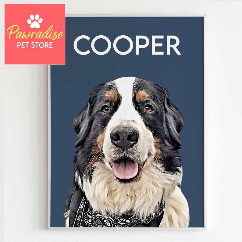 May include: A framed portrait of a Bernese Mountain Dog named Cooper, set against a navy blue background. The dog has black, white, and brown fur and is wearing a bandana. The Pawradise Pet Store logo is in the upper left corner.