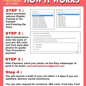May include: A red and white graphic with instructions for ordering custom pet art. The steps include selecting options, adding customization details, sending a photo, and receiving a draft. The Pawradise Pet Store logo is at the top.
