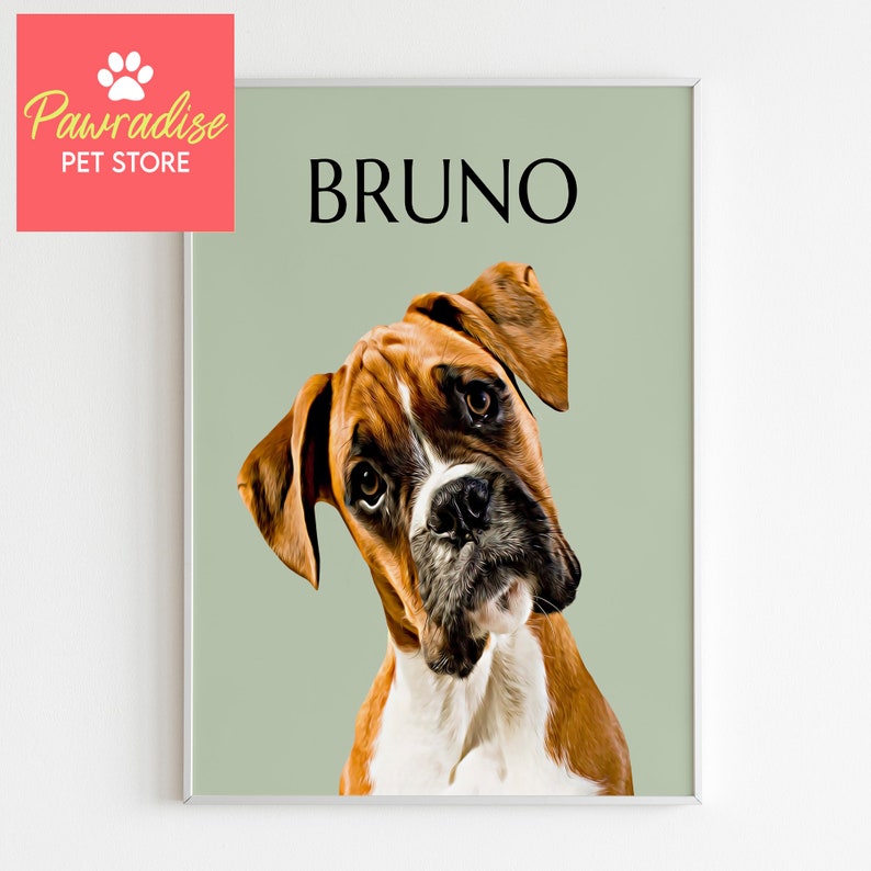 May include: A framed portrait of a Boxer dog named Bruno, with a brown and white coat, tilting its head. The background is a muted green. The top right corner has the name "BRUNO" in black text. The top left corner has the "Pawradise PET STORE" logo.