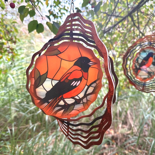 Bird Wind Spinner, Hanging Outdoor Garden Decor, Orange Oriole or Blue Bird 10 inch Metal Spinner, Stained Glass look, Gift for Bird Lovers