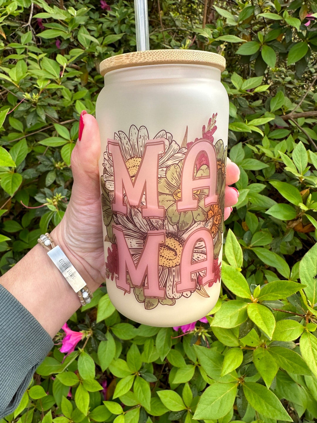 Mama Glass Cup Bamboo Lid and Straw Retro Mama Flower Iced Etsy