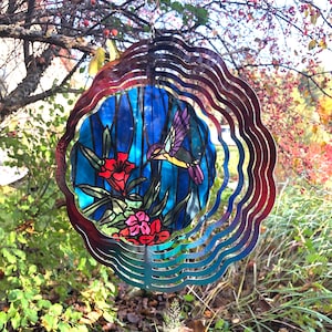 Hummingbird Wind Spinner, Hanging Stained Glass Effect Hummingbird Wind Spinner, Hummingbird Gifts, Yard Art Metal Hummingbird Spinner, Gift