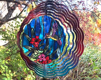 Hummingbird Wind Spinner, Hanging Stained Glass Effect Hummingbird Wind Spinner, Hummingbird Gifts, Yard Art Metal Hummingbird Spinner, Gift