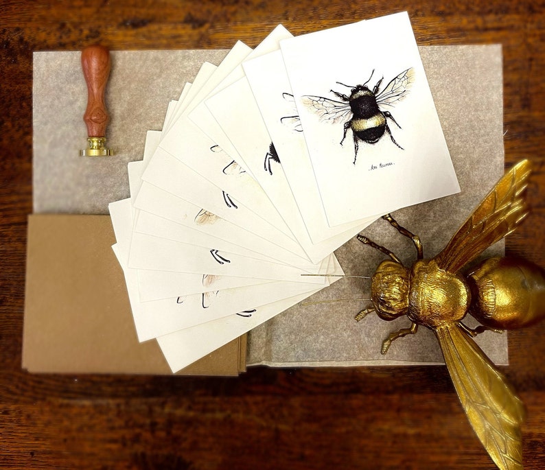 Bee Card Pack of 12 Fine Art Greeting Cards Multipack Botanical ink Illustrations A6 Any Occasion Blank Inside Recycled Envelopes image 2