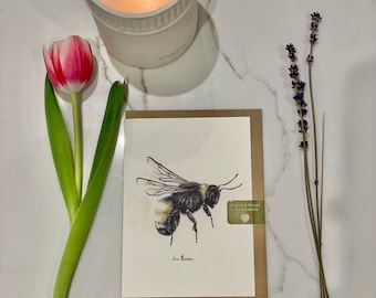 Bee Greetings Card- Fine Art- Botanical- A6- Blank inside- Recycled Envelopes