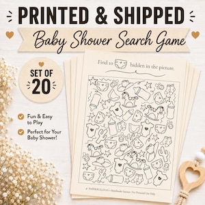 May include: A set of 20 printed baby shower search game cards on cream paper. Each card features black line art illustrations of baby items like bottles, onesies, diapers, pacifiers, rocking horses, cowboy hats, and cacti with the text Find 10 diapers hidden in the picture.