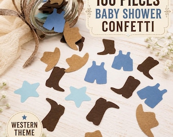 Western Baby Shower Confetti, Cowboy Boots, Hats, Overalls, Rustic Decor