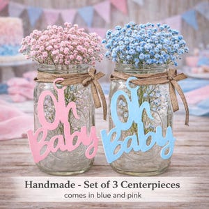 May include: Two glass mason jars with pink and blue flowers, decorated with brown ribbon and the words "Oh Baby". The text "Handmade - Set of 3 Centerpieces comes in blue and pink" is at the bottom. Perfect for a baby shower.