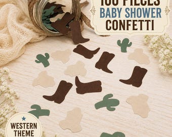 Op de afbeelding: Een set van 100 stuks babyshower-confetti in de vorm van donkerbruine cowboylaarzen, lichtbeige rompertjes en groene cactussen. De confetti ligt verspreid naast een glazen pot die is omwikkeld met jute en witte bloemaccenten.