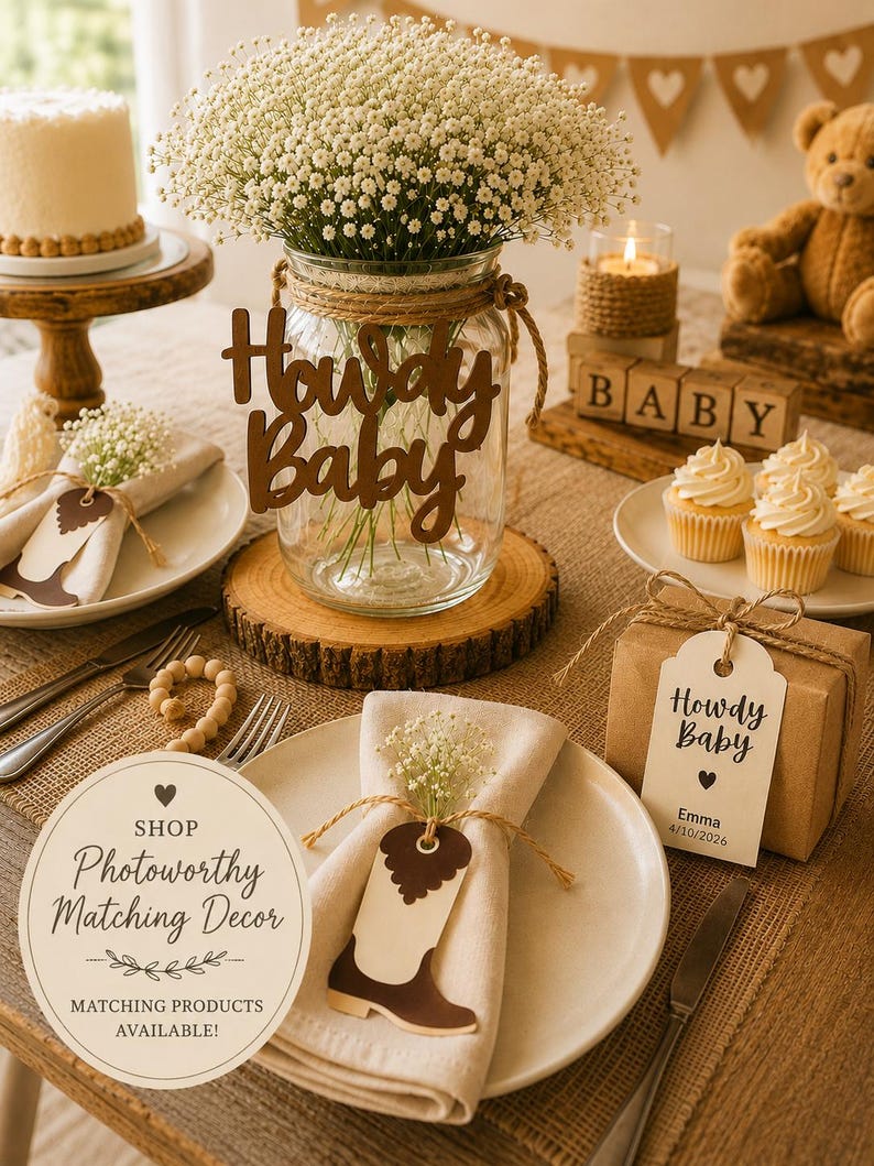 Op de afbeelding: Een glazen pot als middelpunt gevuld met witte gipskruidbloemen, voorzien van een bruin uitgesneden bordje met de tekst Howdy Baby. De pot staat op een houten schijf, omringd door borden, servetten met laarsvormige labels en een geschenkdoos.