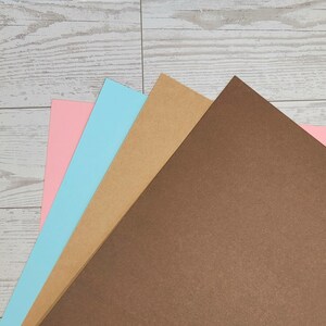 Op de afbeelding: Een stapel van vier rechthoekige vellen kartonpapier die in een waaierpatroon zijn gerangschikt. De vellen zijn gekleurd in tinten lichtroze, lichtblauw, beige en donkerbruin. Elk vel heeft een gladde, matte afwerking en strakke randen.