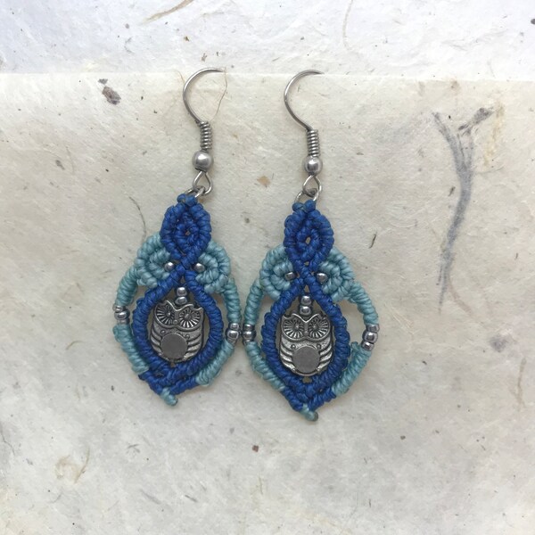 Boucles d'oreilles Hibou Bleu Maramé micromacramé / Hibou Bleu