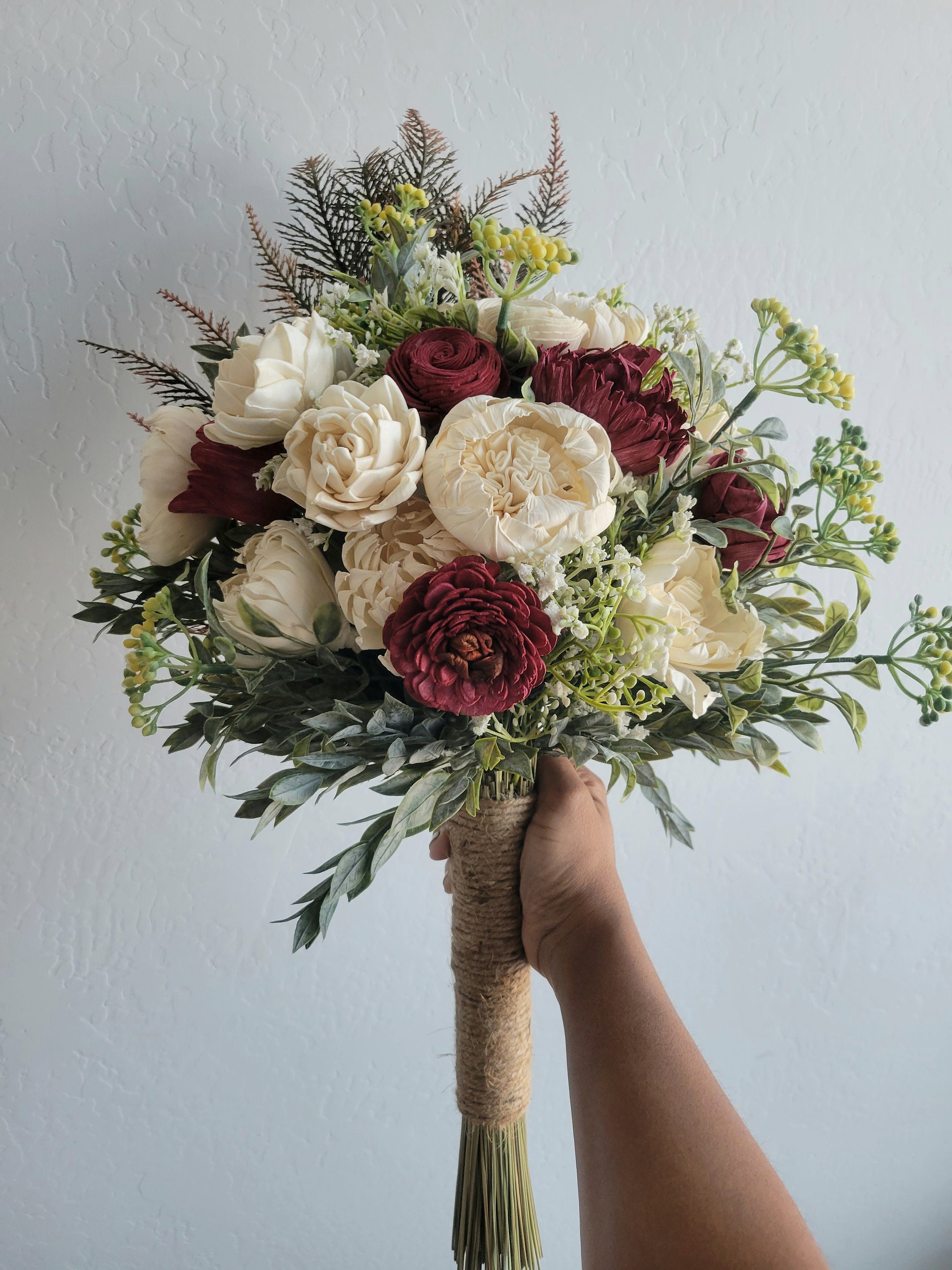Burgundy Sola Wood Bridal Bouquet Red Burgundy Ivory Etsy