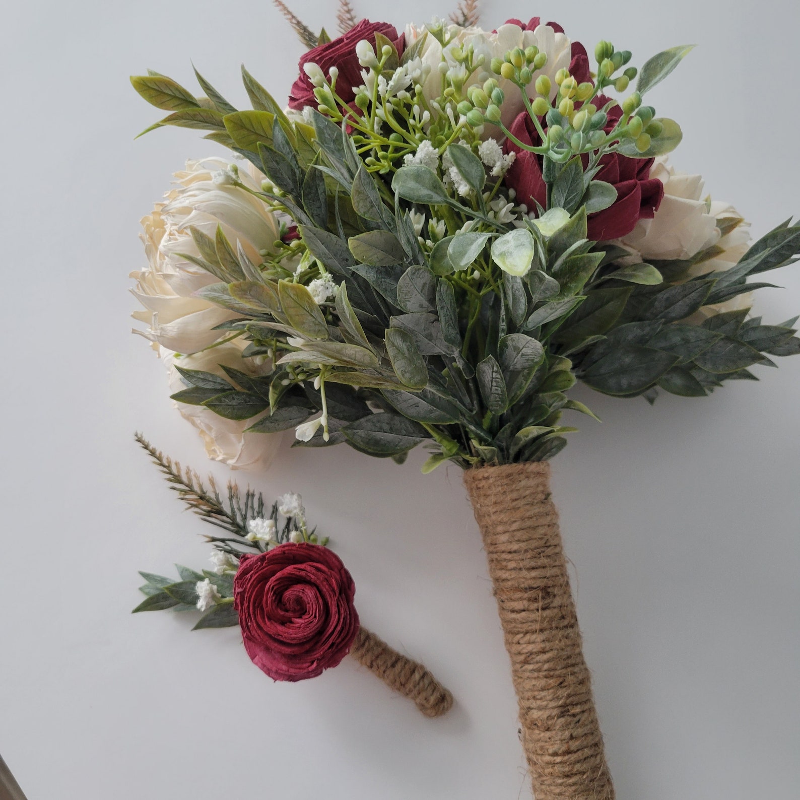 Burgundy Sola Wood Bridal Bouquet Red Burgundy Ivory Etsy