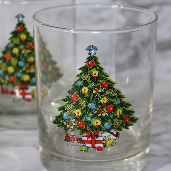 Set of 4 Vintage 1980 Lowball Sabin Christmas Tree Glasses