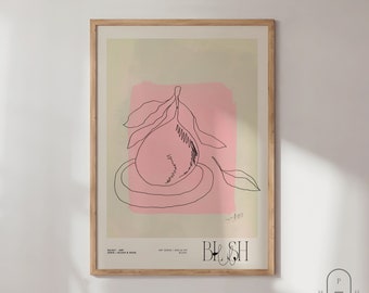 Fruit Print | One Line Art | Framed Wall Art | Pear Print | Pink Wall Decor | Still Life |  Boho Home Decor | Minimal Art Prints