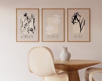 Set of 3 Prints | Black and White Wall Art | Flower Prints , Framed Wall Art ,  Wall Decor , Boho Home Decor , Minimal Art Prints ,