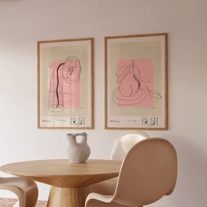 Set of 2 Prints | Framed Wall Art |  Wall Decor | Boho Home Decor | Minimal Art Prints | Pink Flowers | Floral Art | Bathroom Wall Art