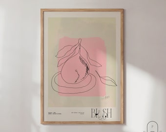 May include: A minimalist line art print of a pear on a pink background. The print is titled "BLUSH" and has the text "ART OBJECTS, HOME & TOY" and "DESIGN | ILLUSTRATION & NOISE" at the bottom.