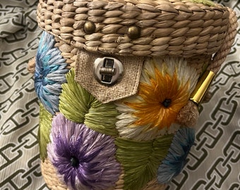 Gorgeous Vintage/ floral embroidered wedding wicker bucket handbag