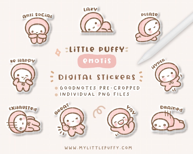 Puede incluir: Conjunto de pegatinas digitales con personajes de dibujos animados adorables con diferentes expresiones y texto. Los personajes son de color rosa con detalles marrones y llevan atuendos con capucha. El texto incluye frases como "Lazy", "Anti Social", "Please", "Be Happy", "Exhausted", "Great", "Yay", "Hyper" y "Drained".
