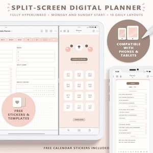 May include: A digital planner app on a tablet and phone, with a pink and brown colour scheme. The app features a calendar, daily planner, and free stickers and templates. The text "SPLIT-SCREEN DIGITAL PLANNER" is at the top of the image. The text "COMPATIBLE WITH PHONES & TABLETS" is in a brown circle on the right side of the image.