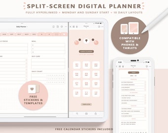Split-Screen Digital Planner/ Digital Planner Pal/ Split-Screen Planner/ Digital Daily Planner/ Goodnotes Planner +Cute Digital Stickers PNG