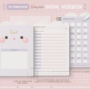 Cute Bunny Digital Notebook/ Hyperlinked Digital Notebook/ 12 Sections Digital Notebook/ Kawaii Digital Notebook/ Pink Notebook Digital Cute zdjęcie 2