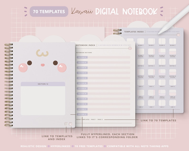 Cute Bunny Digital Notebook/ Hyperlinked Digital Notebook/ 12 Sections Digital Notebook/ Kawaii Digital Notebook/ Pink Notebook Digital Cute zdjęcie 2