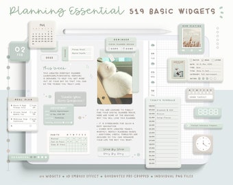May include: A set of 519 digital planner widgets in a light green and white color scheme. The widgets include a calendar, a meal planner, a to-do list, a schedule, a clock, and a reminder. The text "Planning Essential 519 Basic Widgets" is at the top of the image.