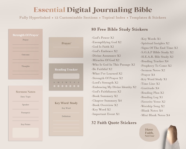 Może przedstawiać: Cyfrowa Biblia do prowadzenia dziennika z 80 darmowymi naklejkami do nauki Biblii i 32 naklejkami z cytatami o wierze. Naklejki są beżowe z brązowym tekstem. Biblia zawiera 12 konfigurowalnych sekcji, indeks tematyczny, szablony i naklejki. Biblia jest w pełni hiperłączona.